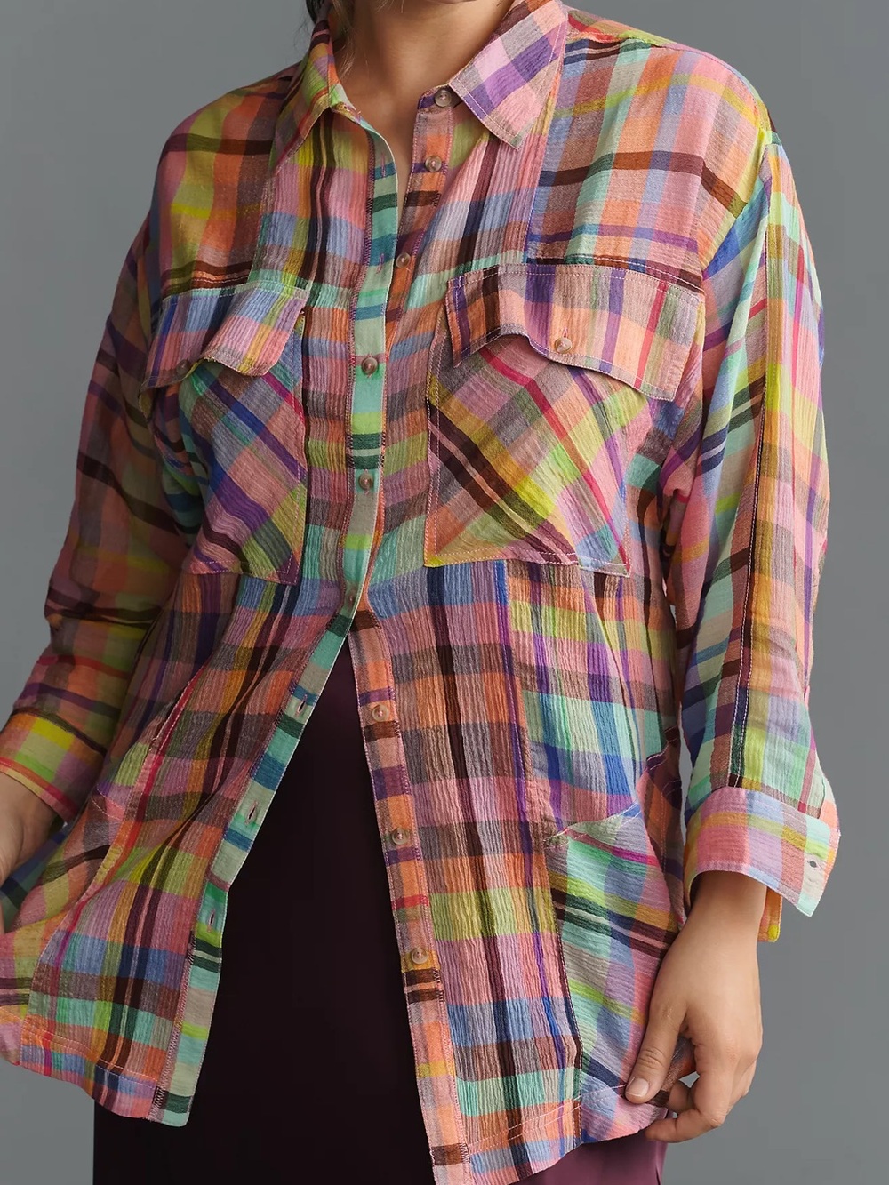 NWT Anthropologie PILCRO Mixed Madras Plaid Oversized Button Down Shirt